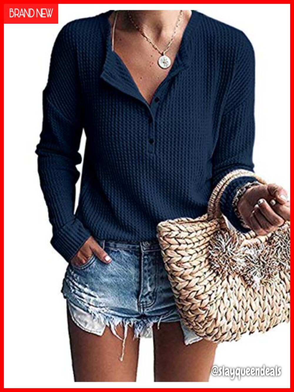 Waffle Knit Henley Tunic Top Long Sleeve Loose Fit Pullover